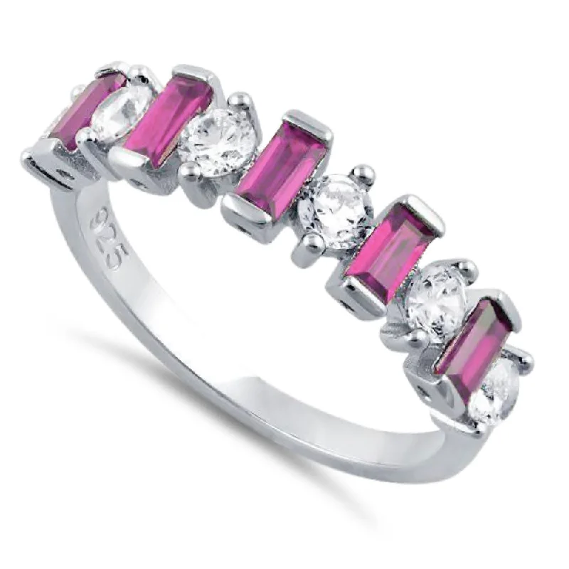 Sterling Silver Round & Baguette Pink CZ Ring