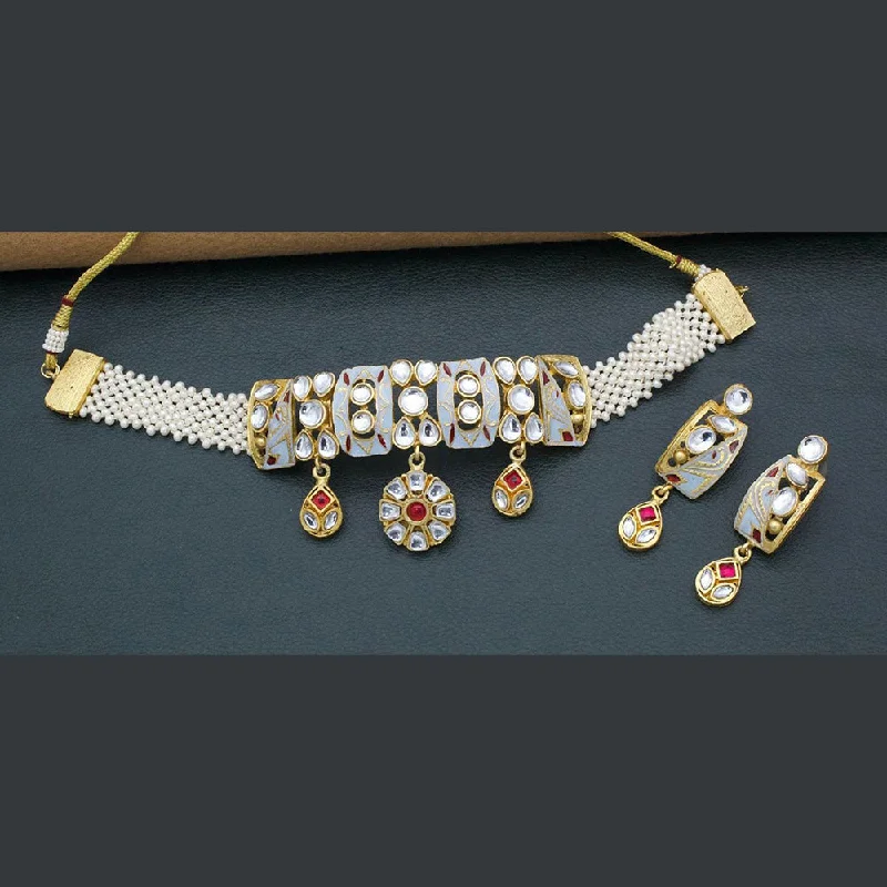 Kavita Art Gold Plated Kundan Stone And Pearls Meenakari Choker Necklace Set