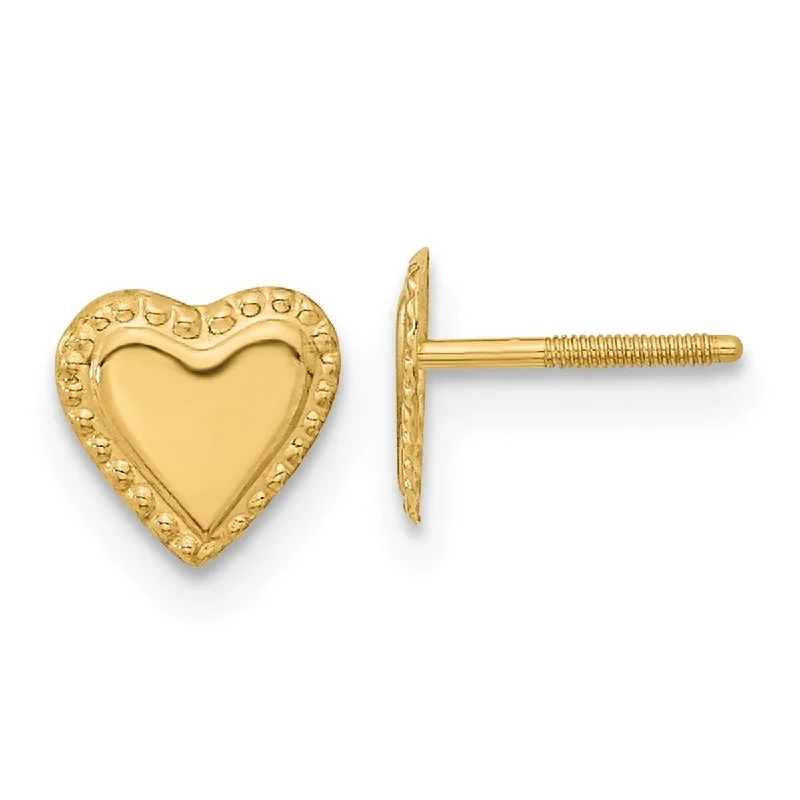 Curata 14k Yellow Gold 8mm Polished Screw back Beaded Heart Post Earrings