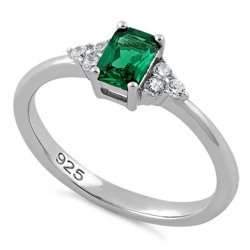 Sterling Silver Precious Emerald Cut Emerald CZ Ring