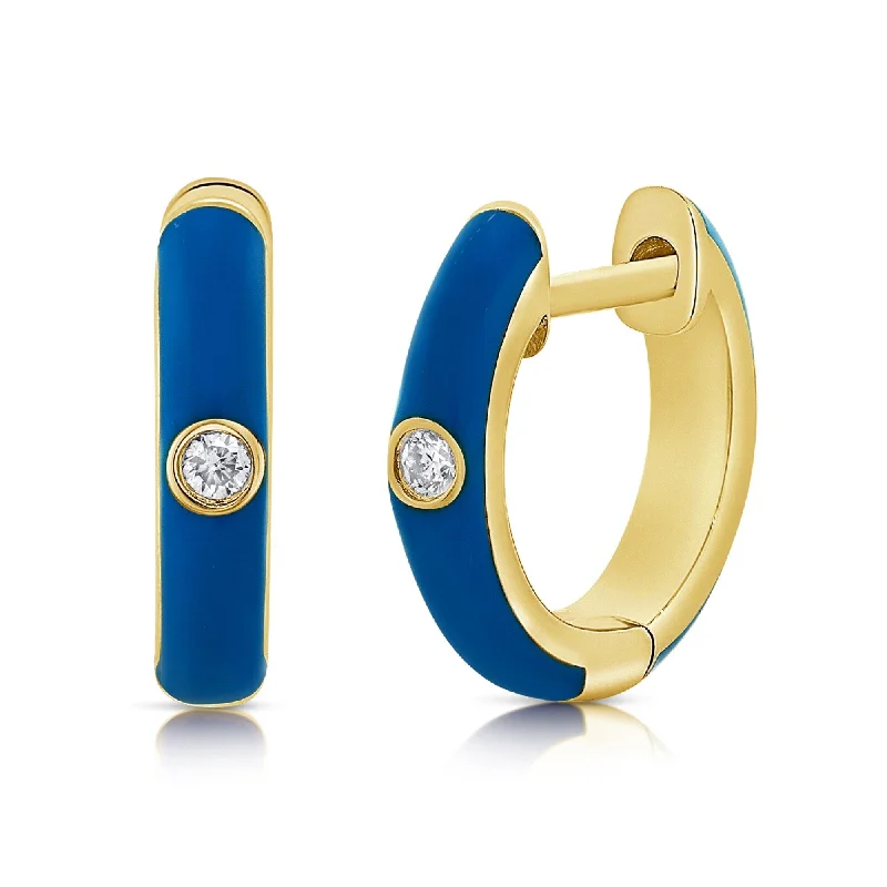 Joelle Diamond & Blue Enamel Huggy Hoop Earrings 14K Gold