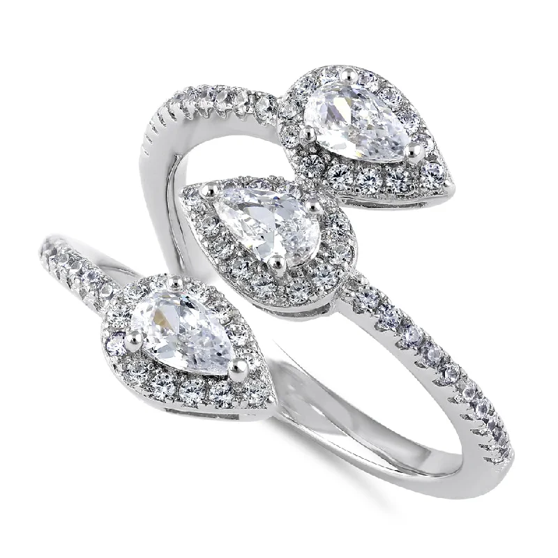 Sterling Silver Triple Pear Halo Wrap CZ Ring