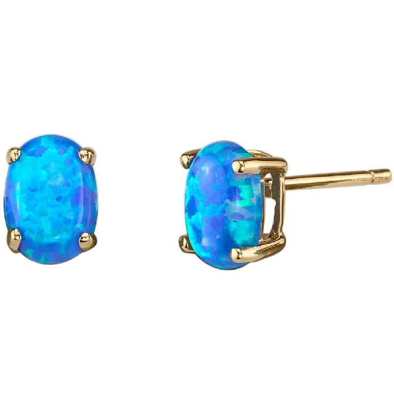 14k Yellow Gold Blue Opal Stud Earrings 1 ct Oval Shape