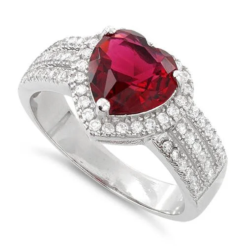 Sterling Silver Ruby Heart CZ Ring