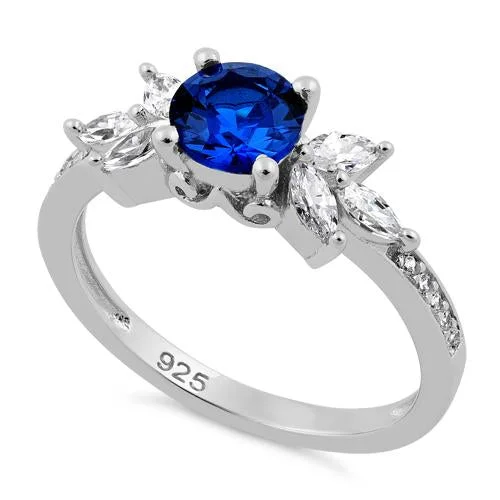 Sterling Silver Flower Leaves Blue Spinel CZ Ring