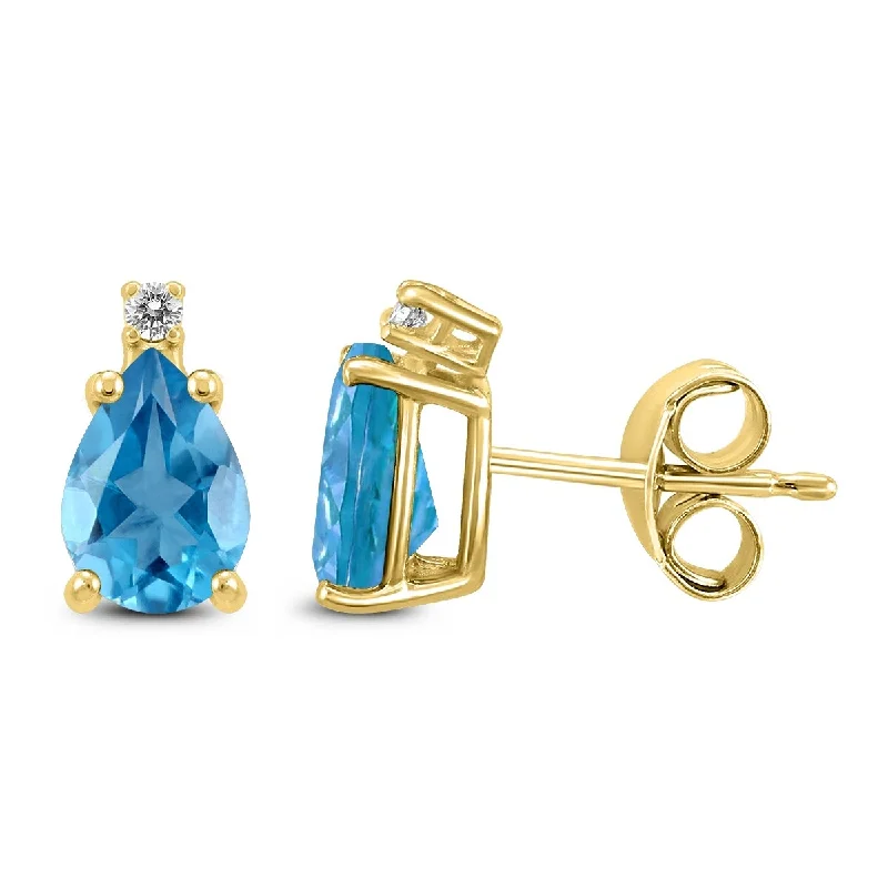 Marquee 14K Yellow Gold 6x4MM Pear Blue Topaz and Diamond Earrings