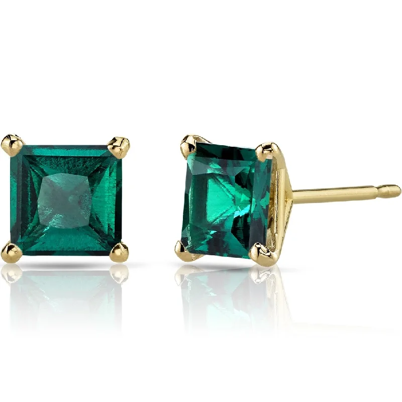 14k Yellow Gold Emerald Stud Earrings 1.85 ct Princess Shape