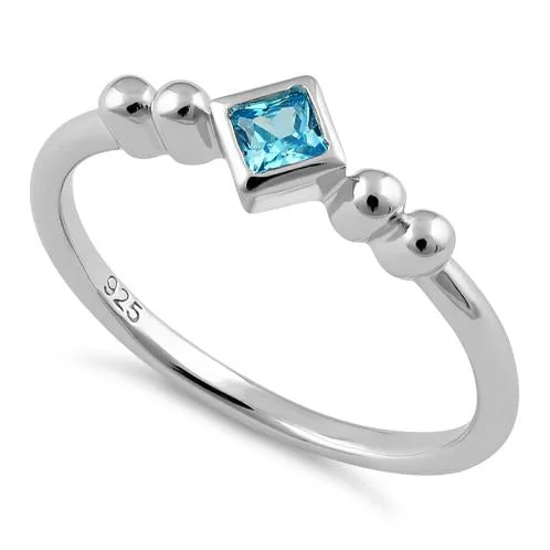 Sterling Silver Unique Square Aqua Blue CZ Ring