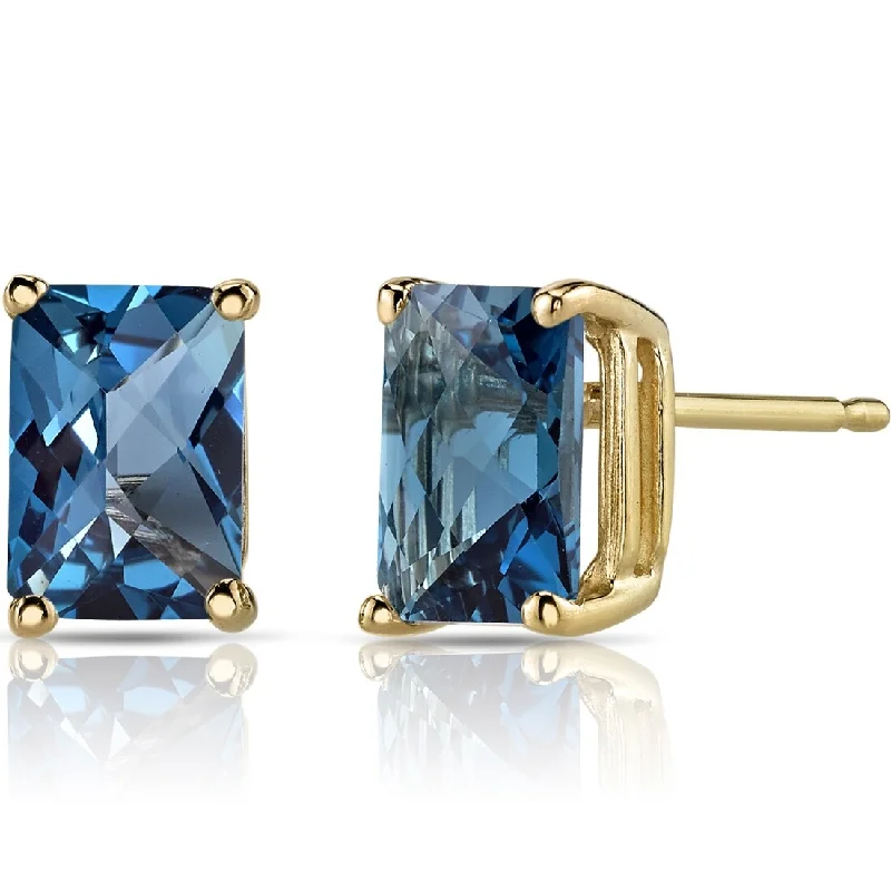 14k Yellow Gold London Blue Topaz Stud Earrings 2.24 ct Radiant Shape