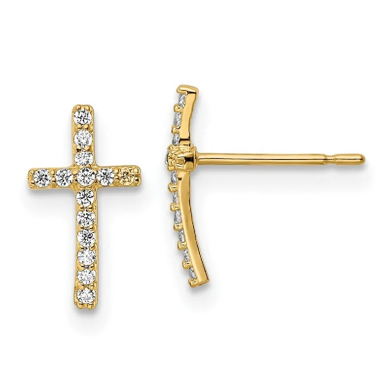 Curata 14k Gold CZ Cubic Zirconia Religious Faith Cross Post Earrings - 11.32x6.25mm Wide