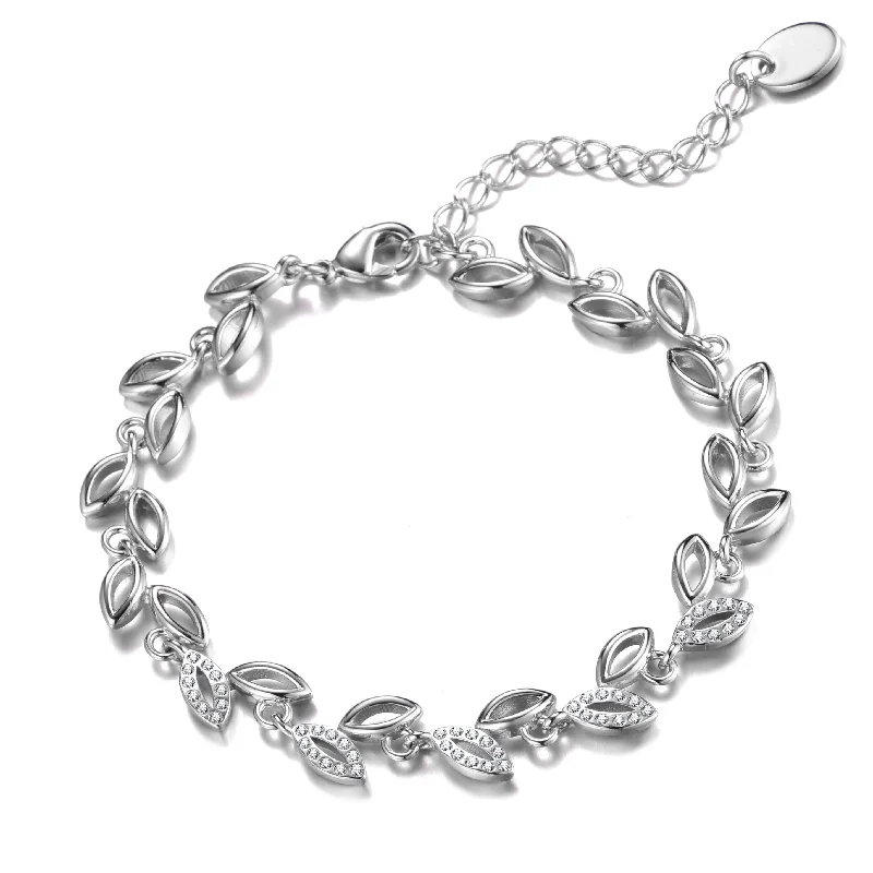 Silver Plated Leaf Bracelet Created With Crystals From Zircondia®