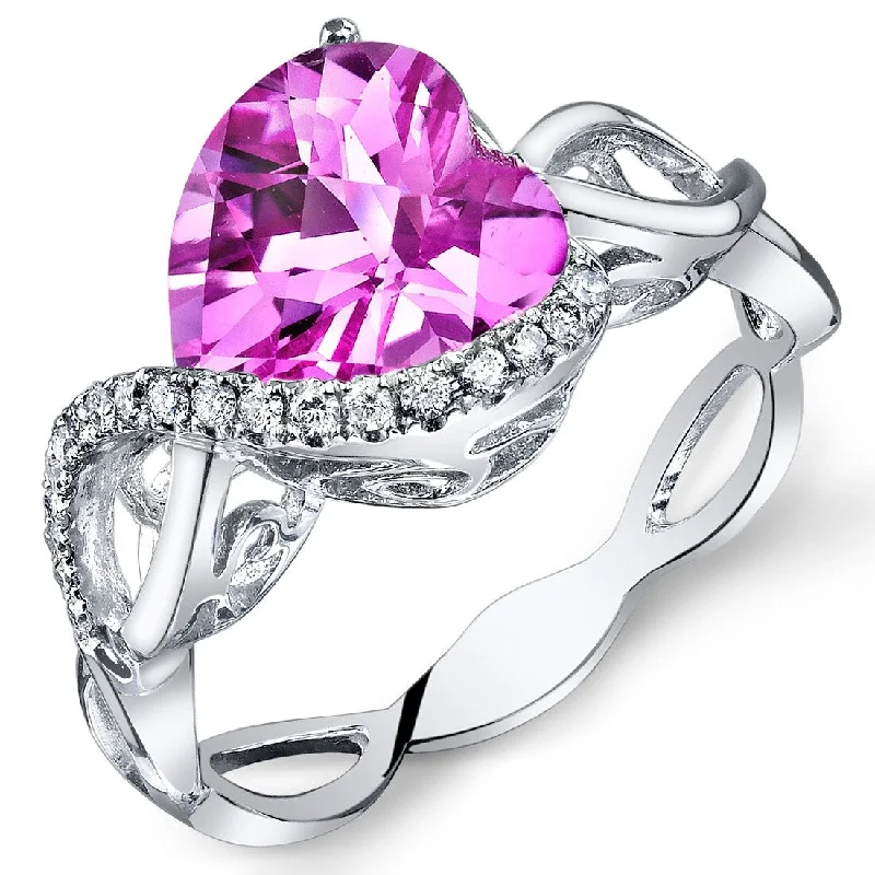 14k White Gold 3.3ct Created Pink Sapphire and Diamond Ring