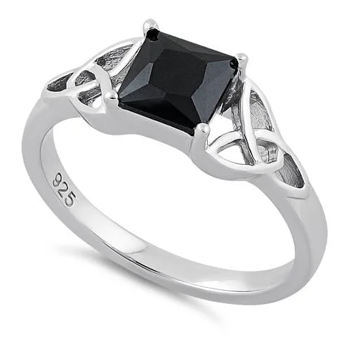 Sterling Silver Celtic  Black Princess Cut CZ Ring