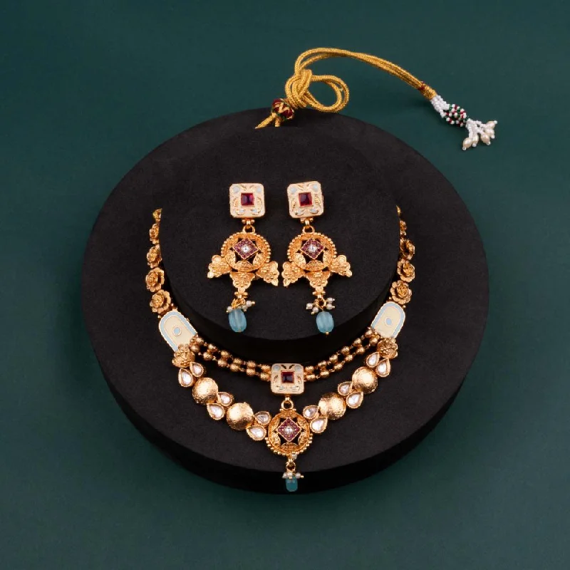 ChicCharm Jewellery Brass And Copper Gold Plated Uncut Polki Micro Rajwadi Necklace Set