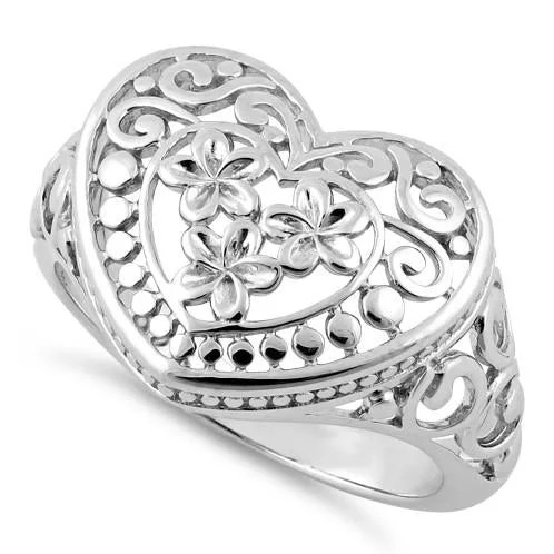 Sterling Silver Heart Plumeria Ring