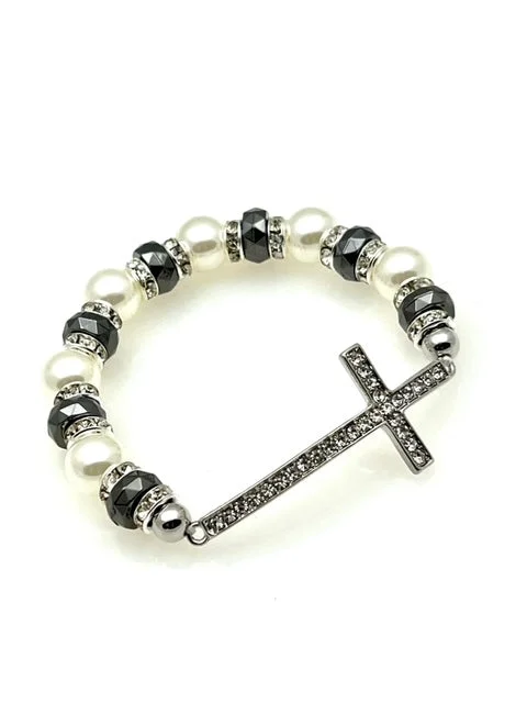 Silver Stretch Inspirational Bracelet with Cross Pearls and Black Beads